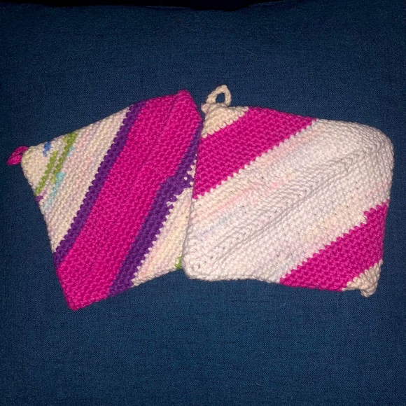 Hand Crafted Other - One pair of pink, purple, green, white, and blue striped potholders